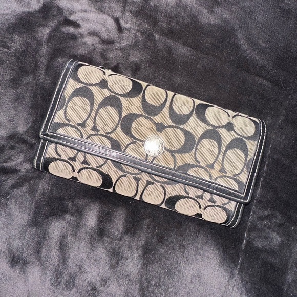 black canvas and leather coach wallet with leather check book - Picture 1 of 4